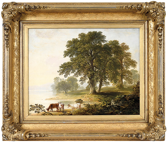 Asher Durand (1796-1886) completed Study for a Summer Afternoon circa 1865. The 16½" x 21" (sight size) oil on canvas sold to the phones for $56,580 (est. $20,000/30,000). Earlier in his career, Durand engraved portraits for bank notes that were later used for America’s first postage stamps.