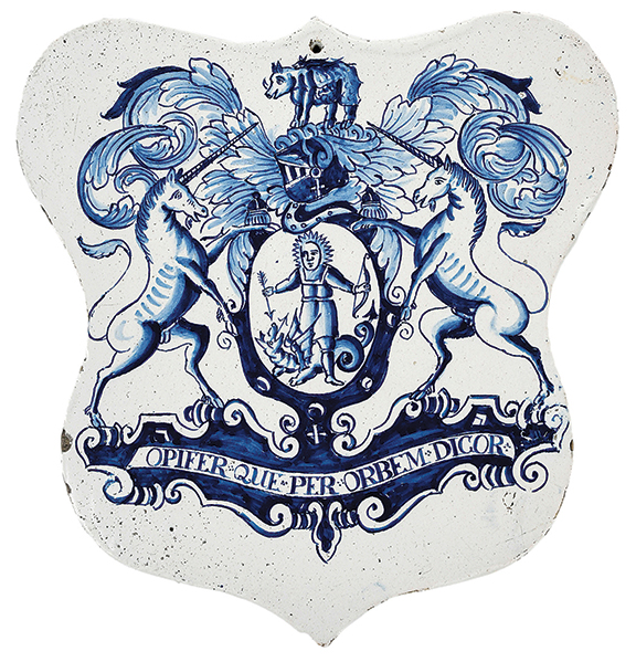 The crest on this 1720-40 Delft pill tile features Apollo, the god of healing, subduing the dragon of disease over a Latin motto translated as “Throughout the world, they speak of me as the bringer of help.” The unicorns apparently represent King James I bestowing approval on the profession. At the top of the tile is a rhinoceros, whose horn was believed to have medicinal properties. The tile, which measures 11 5/8" x 11¼", is pierced for hanging. It sold to a phone bidder for $49,200 (est. $12,000/15,000).