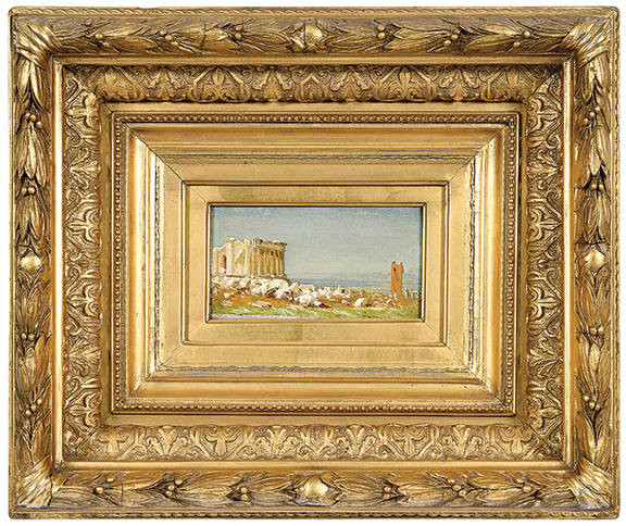 Study for the Ruins of the Parthenon by Sanford Robinson Gifford (1823-1880) is a small 3½" x 6¼" painting in a large 14" x 16½" frame. An on-site bidder paid $46,740 (est. $30,000/50,000) for the Gifford study.