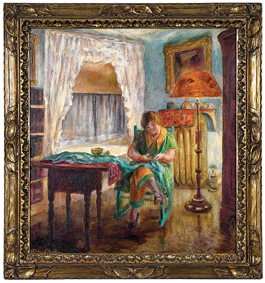 Bidding from the floor, dealer Helen Carlisle of Asheville, North Carolina, and Auburn, Alabama, paid $19,680 for Corner of the Living Room – the Artist’s Wife, 1929, by John Sloan (1871-1951). The 26" x 24" (sight size) oil and tempera on masonite was estimated at $18,000/22,000. Carlisle also bought Sightseers (not shown), a 1947 work by Helen Farr Sloan, the artist who married the widowed John Sloan, age 74, in 1945. John Sloan’s first wife, Dolly, is the woman in the 1929 painting. Carlisle paid $2952 for the 16" x 12" Sightseers (est. $2500/3500).