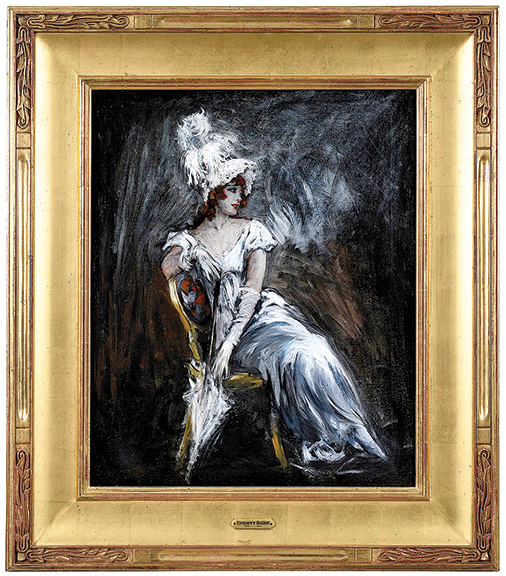 Everett Shinn (1876-1953) was enamored of the New York theater and theater people. He painted The Performer, 20" x 24" (sight size), circa 1910; it sold to a New York dealer on the phone for $59,040 (est. $30,000/50,000). In 1910 Shinn and two others painted 18 allegorical murals for the Belasco Theatre on West 44th Street. During its 2010 renovation, Shinn’s murals were restored.