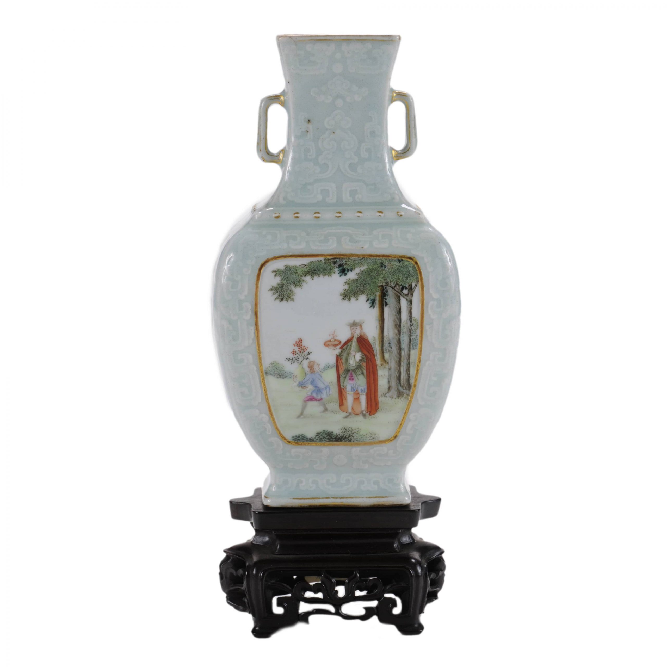 Fine and Rare Carved Enameled Celadon Porcelain Family Rose Vase