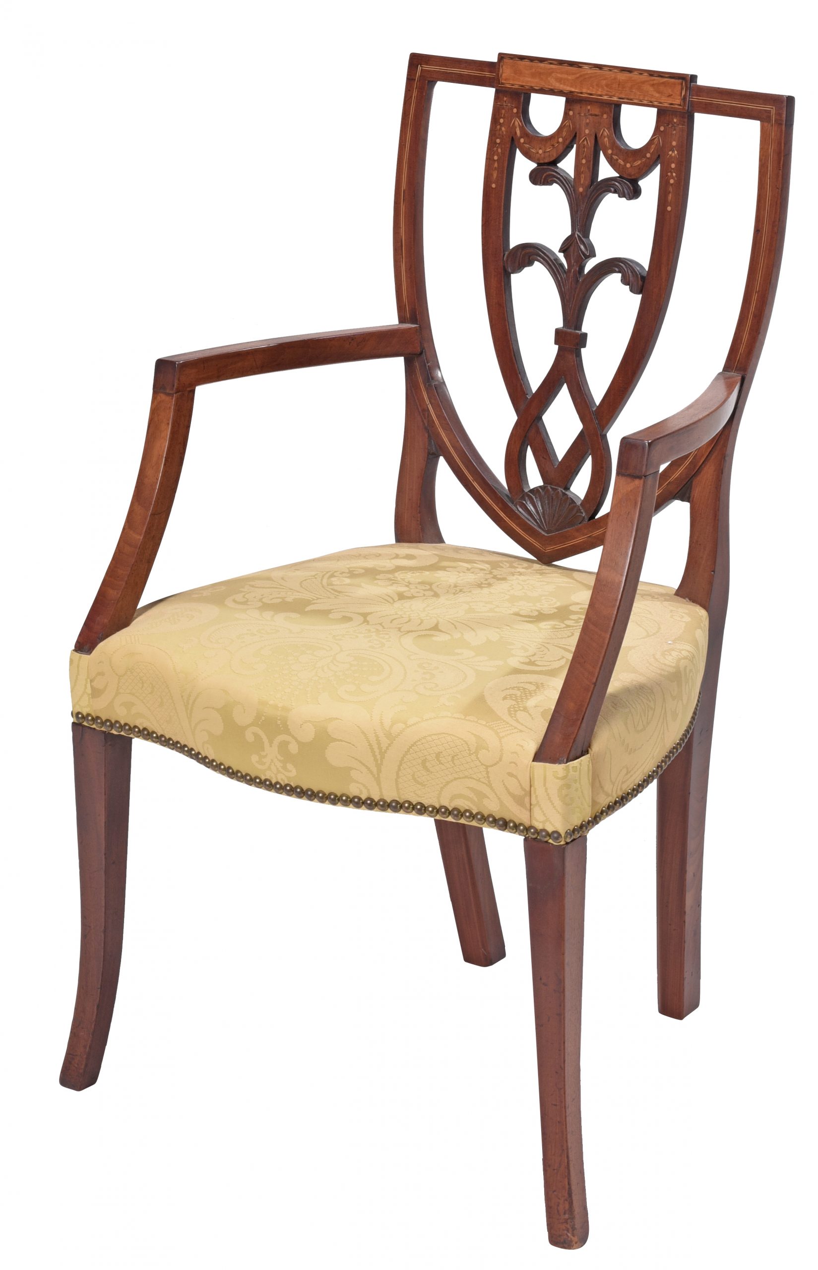 Lot 588 | Fine and Rare Federal Mahogany and Satinwood Carved Inlaid Armchair<br />
Estimate: $4,000 - $6,000