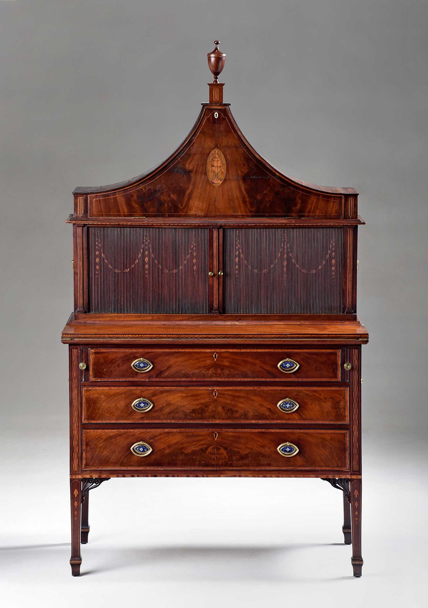 A Rare and Important Boston Federal Inlaid Mahogany Pedimented Tambour Desk