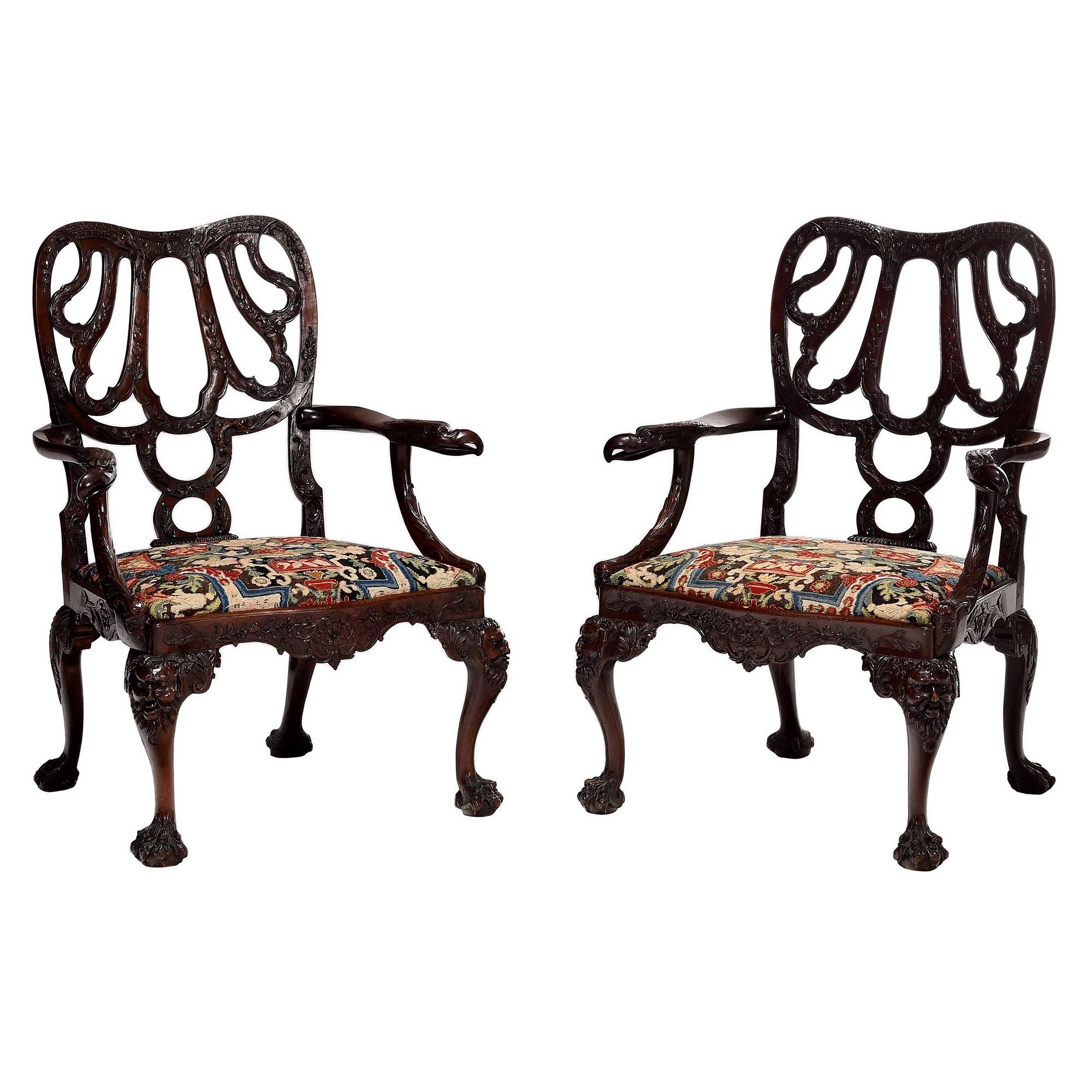 Exceptional Pair of Monumental George II Carved Mahogany Open Armchairs