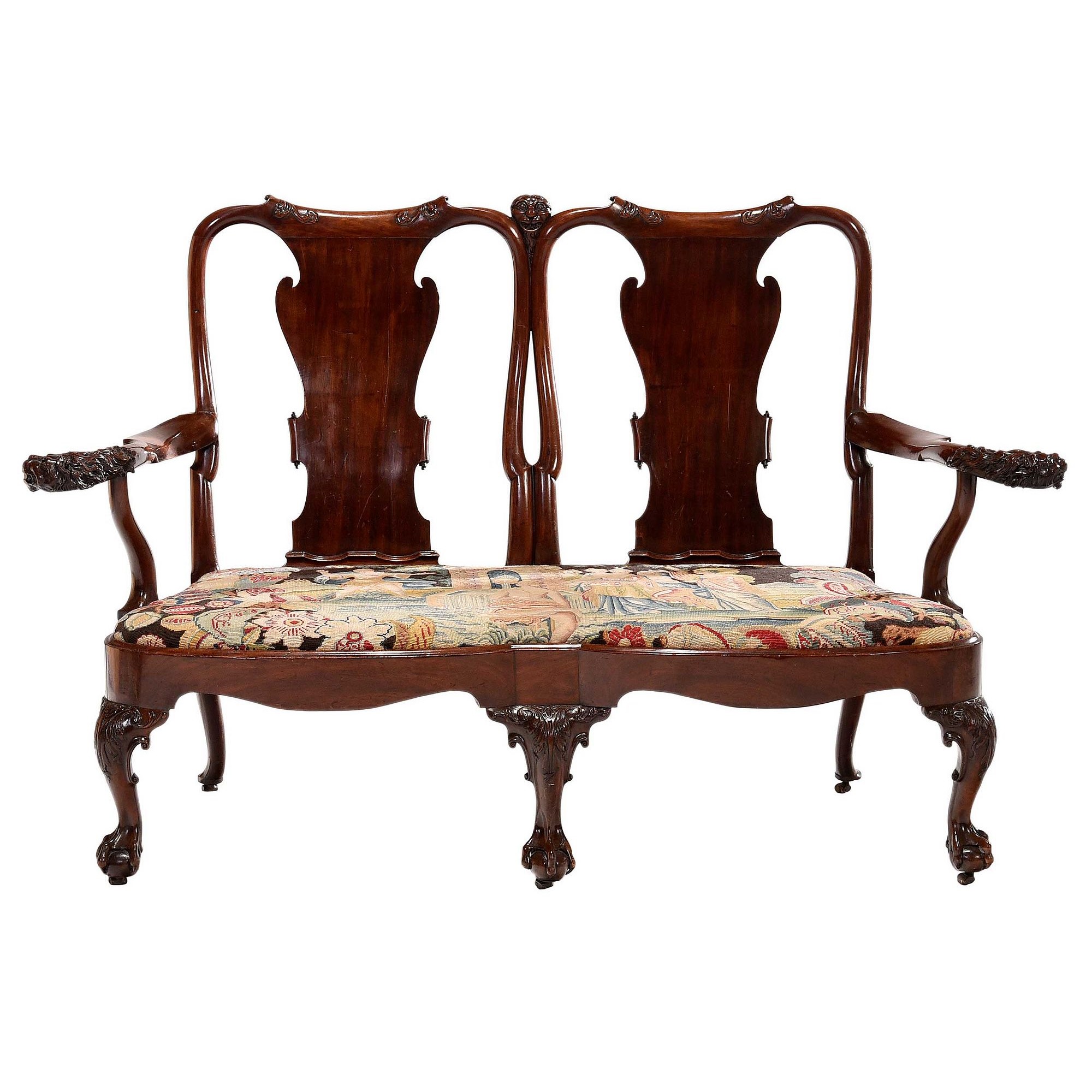 Fine George III Lion Carved Mahogany Double Chair Back Settee