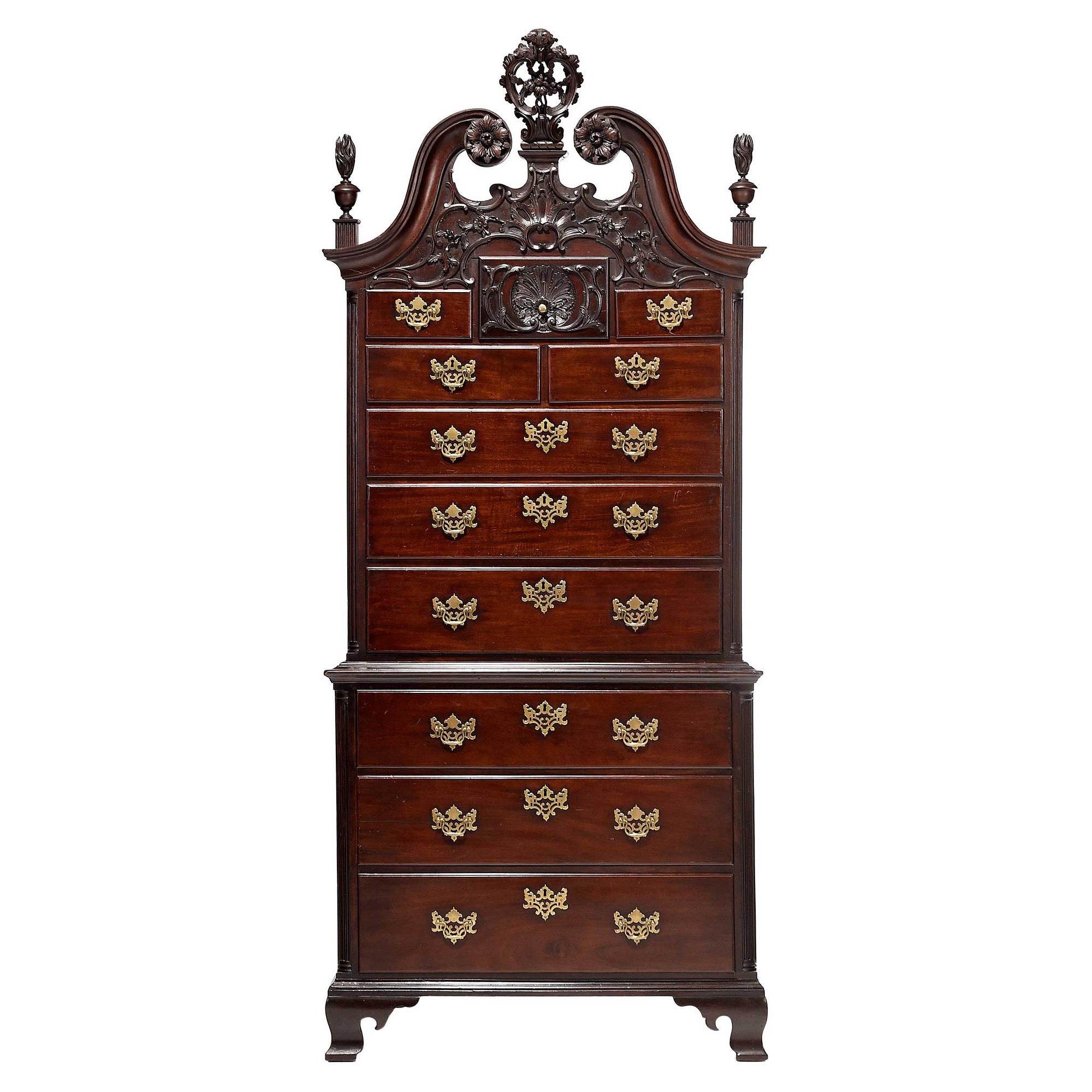 Chippendale Carved And Figured Mahogany Bonnet-Top Chest-On-Chest