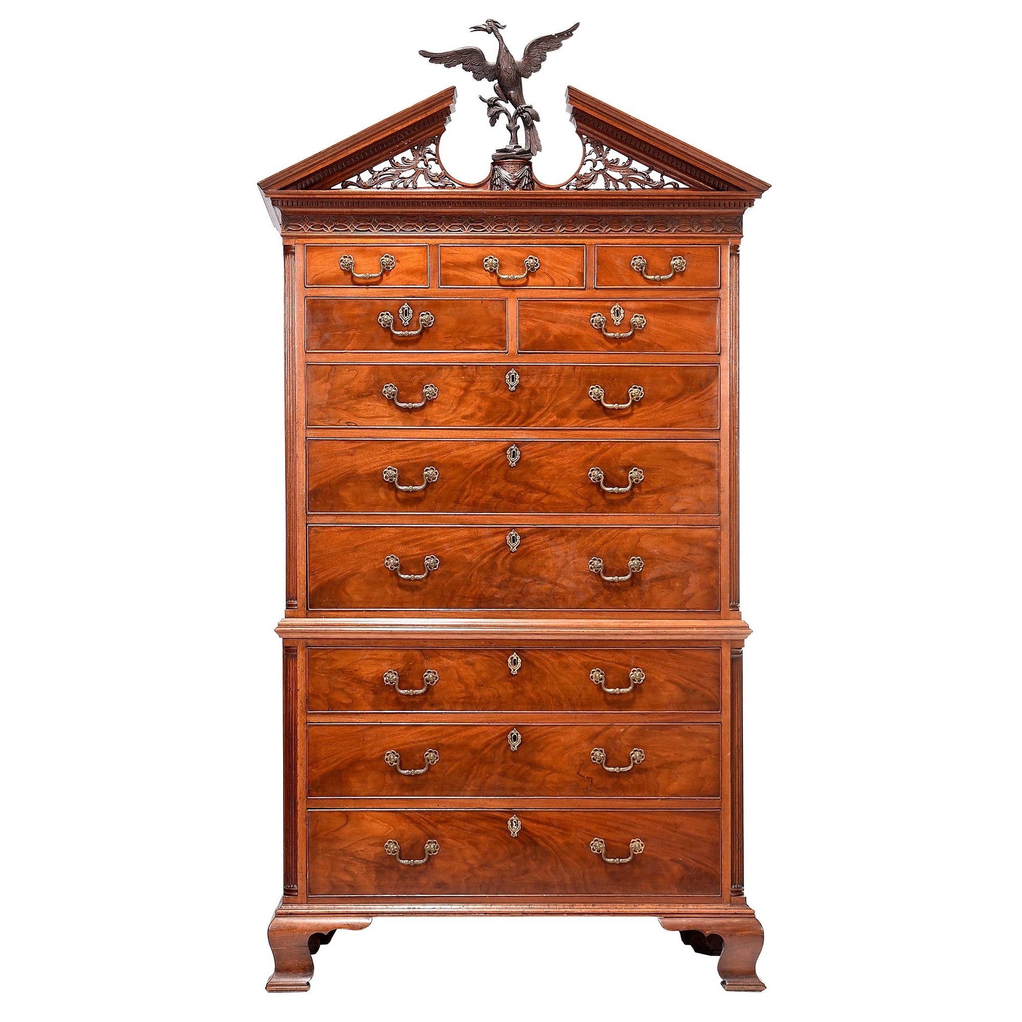  Fox Family Chippendale Carved and Figured Mahogany Chest on Chest