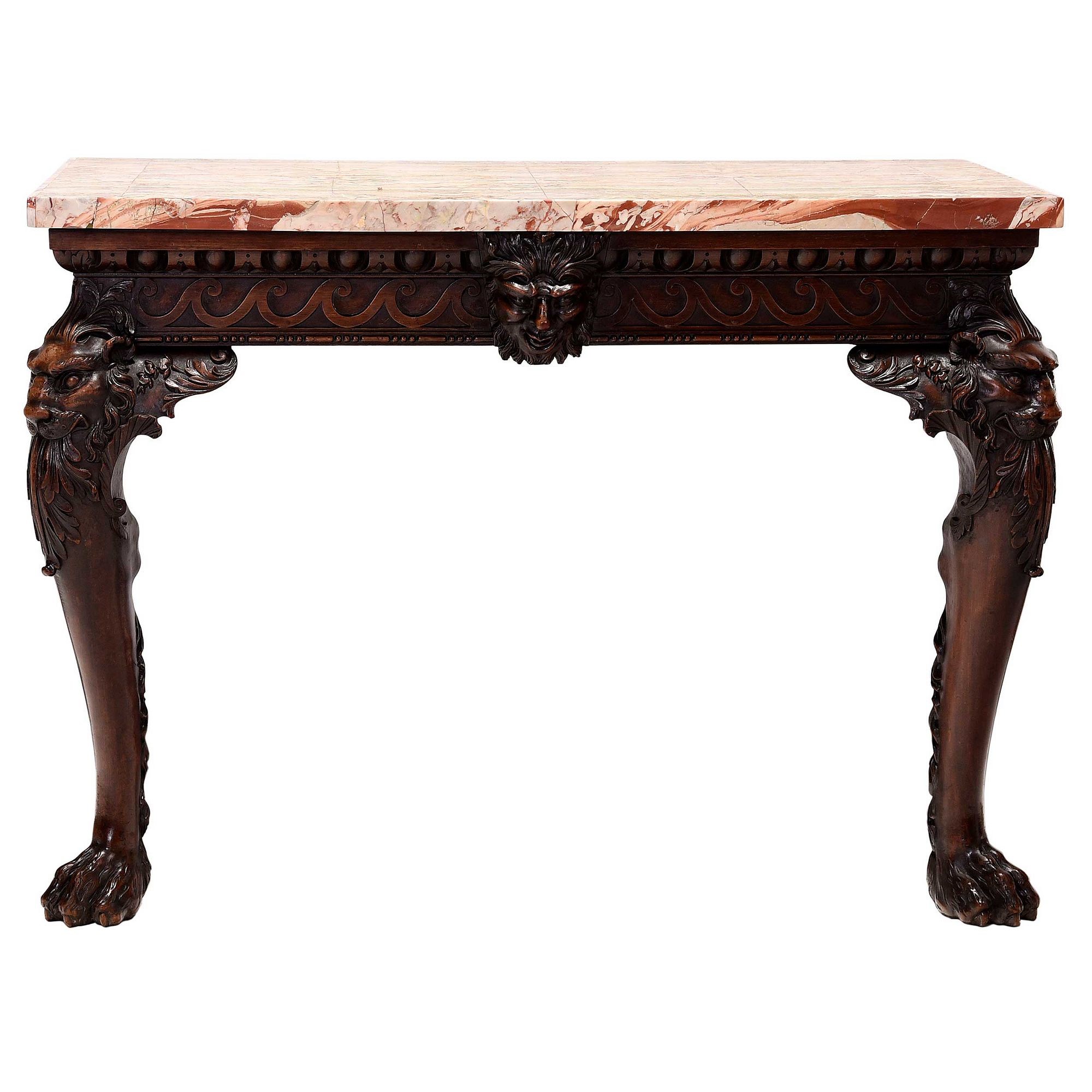  Fine George II Carved Mahogany Satyr Mask Console Table with Rare Felspar Stone