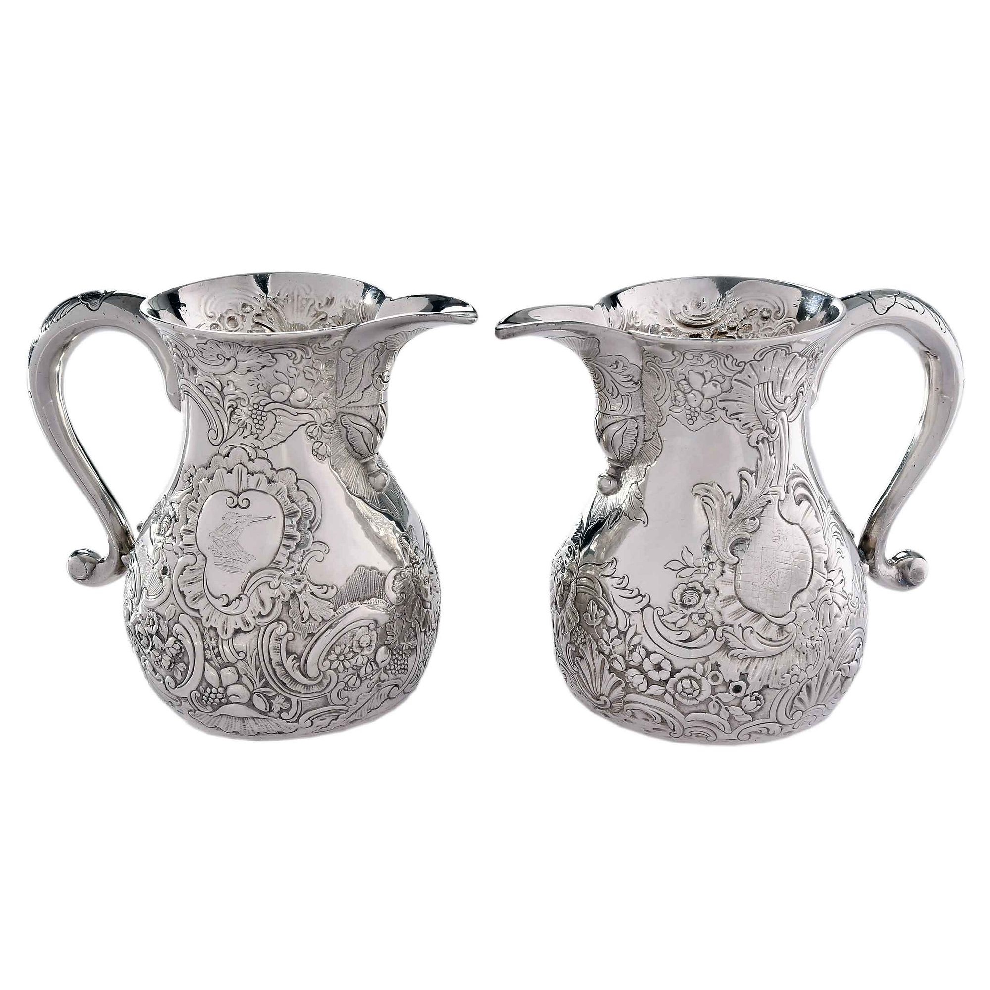 Matched Set of Two George II Irish Silver Beer Jugs, John Moore