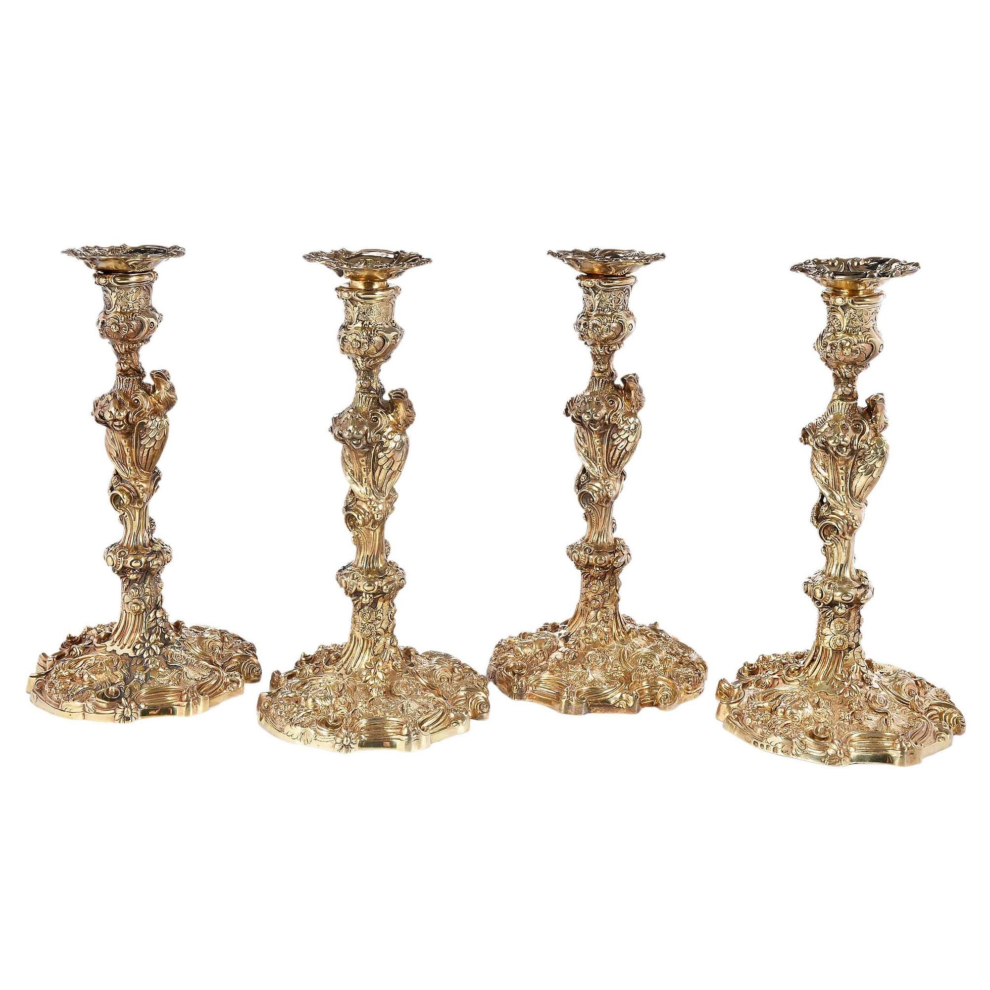 Set of Four George III Regency Gilt English Silver Candlesticks